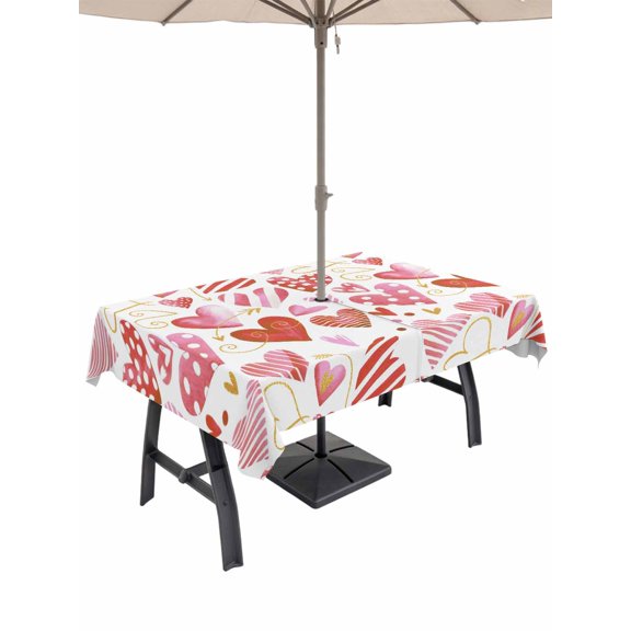 Outdoor Tablecloth with Umbrella Hole and Zipper, Valentine's Day Rectangle Table Cloth 60x120 Inch Waterproof Tablecloth, Colorful Heart Love Modern Minimalist Picnic Table Cover for Patio Camping
