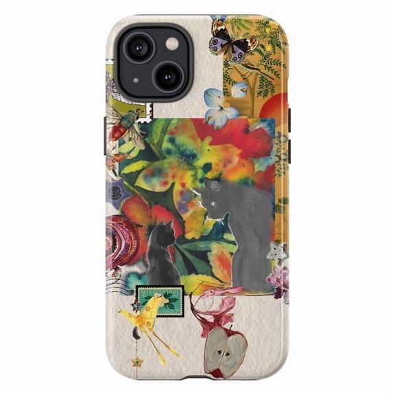 Vintage Art Collage Phone Case, Whimsical Butterfly and Black Cat Mixed Media Cover for iPhone 17 16 15 14 13 12 11 Pro Plus Max Mini
