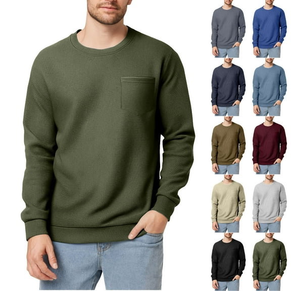 Men's Waffle Knit Crewneck Sweatshirts Soild Color Loose Long Sleeve Pullover Shirt Casual Lightweight Sweater Fall Outifts