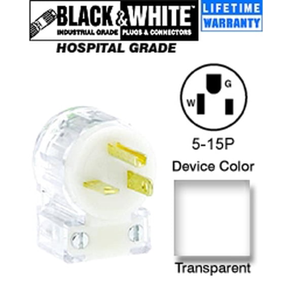 Leviton 8215-CAT Plug, Angle 5-15P 15 Amp 125 Volt Hospital Black and White - Transparent