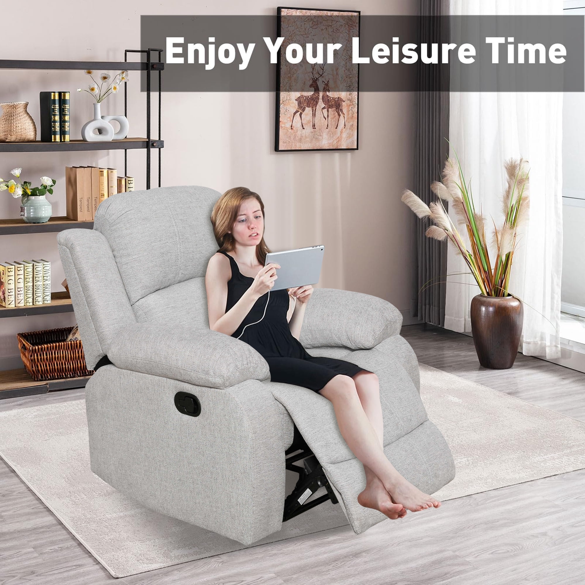 Aukfa Linen Recliner Chair, 38" Overstuffed Armchair Living Room Home Theater Lounge Seat, Light Gray