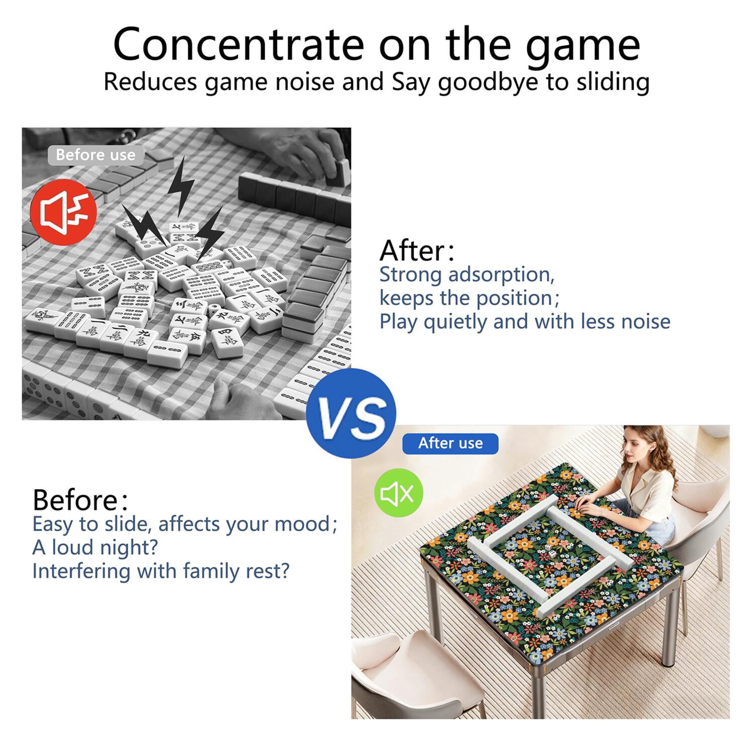 Traditional Floral Print Rubber Game Table Cover 31.5 Inch Square Extra Large Mahjong Mat Quiet Design Anti-Slip Grip for Tiles & Family Nights