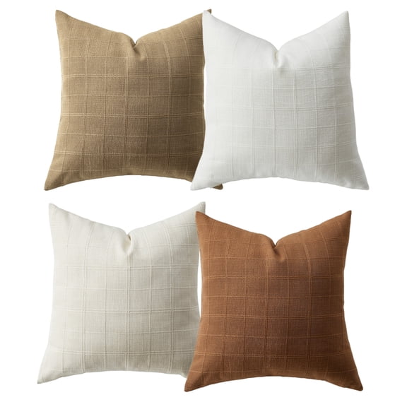 Soft Chenille Plaid Throw Pillow Covers Set of 4 – Modern Farmhouse Decorative Cushions – 18x18 inch – White/Beige/Brown/Orange, White/Green, or Beige/Orange