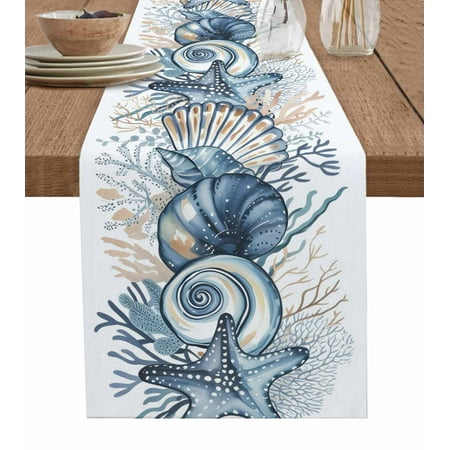 

Summer Coral Table Runner Ocean Coastal Conch Shell Blue White Tablerunners 16 x 72 Inch Table Decorations Tabletop Scarf for Summer Gathering Holiday Farmhouse Kitchen Dining Decor