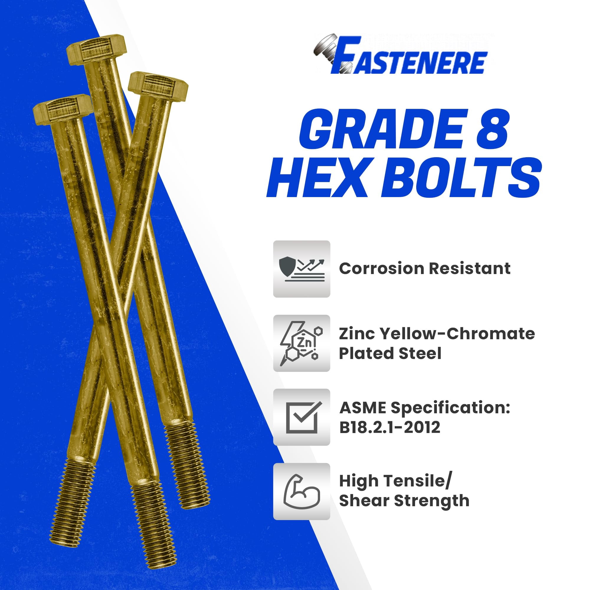 Fastenere 5/16"-24 x 5" Hex Bolts Grade 8 Zinc Yellow-Chromate Plated Steel, Partial Threaded Durable Hex Bolts for Machinery & Construction, Rust-Resistant, Heavy-Duty Fasteners, Pack of 10