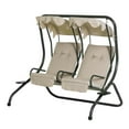 thumbnail image 5 of Swing Chair,2 seater patio swing set with stand,outdoor swing with Anti-UV and water-resistant canopy , detachable cushion,2 side cup trays Heavy-duty steel swing for Patio, Garden, Poolside,Beige, 5 of 6