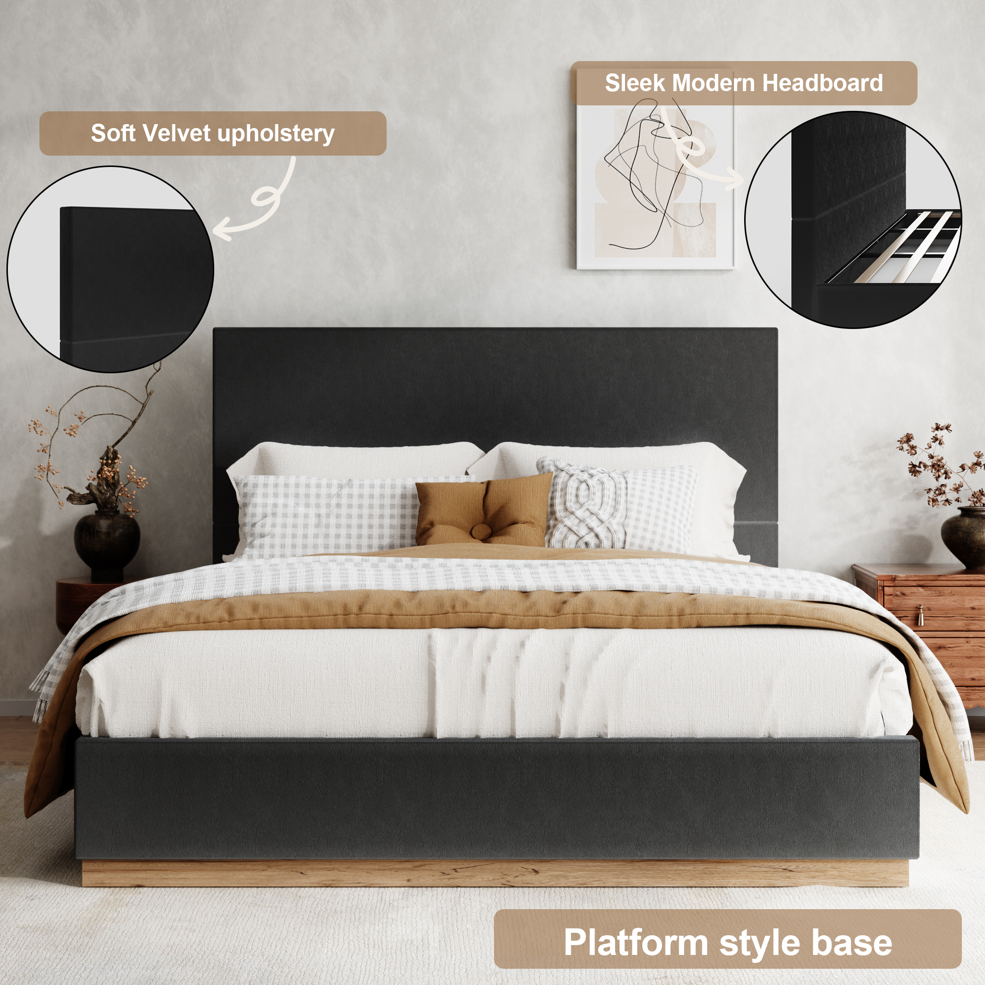 VIPLOV Full Size Bed Headboard with Headboard, Upholstered Bed Frames, Black
