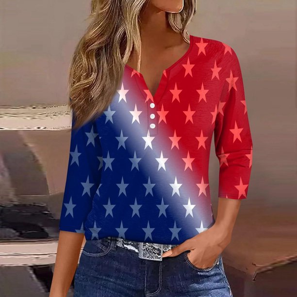 Fiudx Camisas de Mujer Blusa de Manga 3/4 Corta Estampada a La Moda para Mujer, Blusa Informal con Cuello Redondo