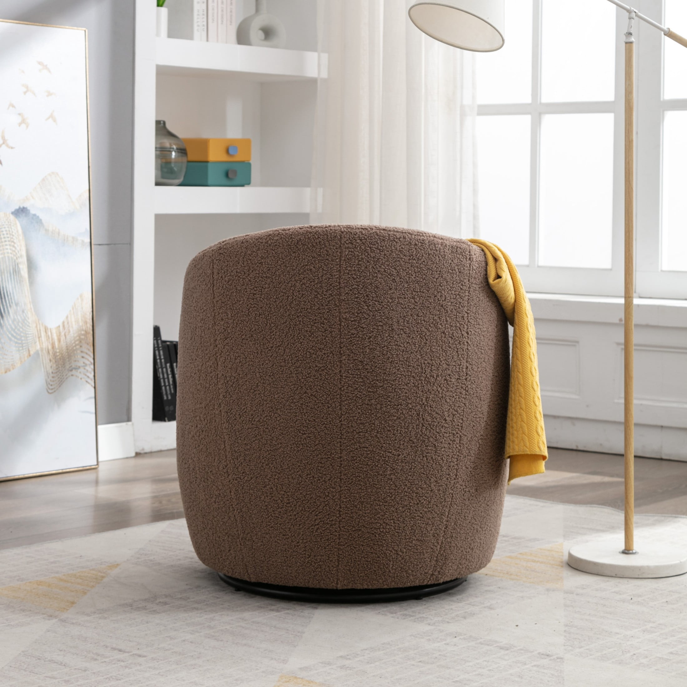 Noble House Arissa 26" Teddy Ergonomic Barrel Armchair, Swivel Reading Chair with Metal Base for Living Room, Coffee
