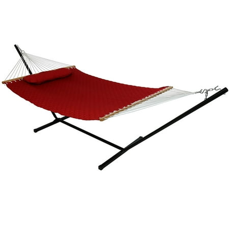 Sunnydaze 2-Person Freestanding Double Hammock with 12-Foot Stand and Spreader Bars, Quilted Designs Fabric, 400-Pound Capacity,