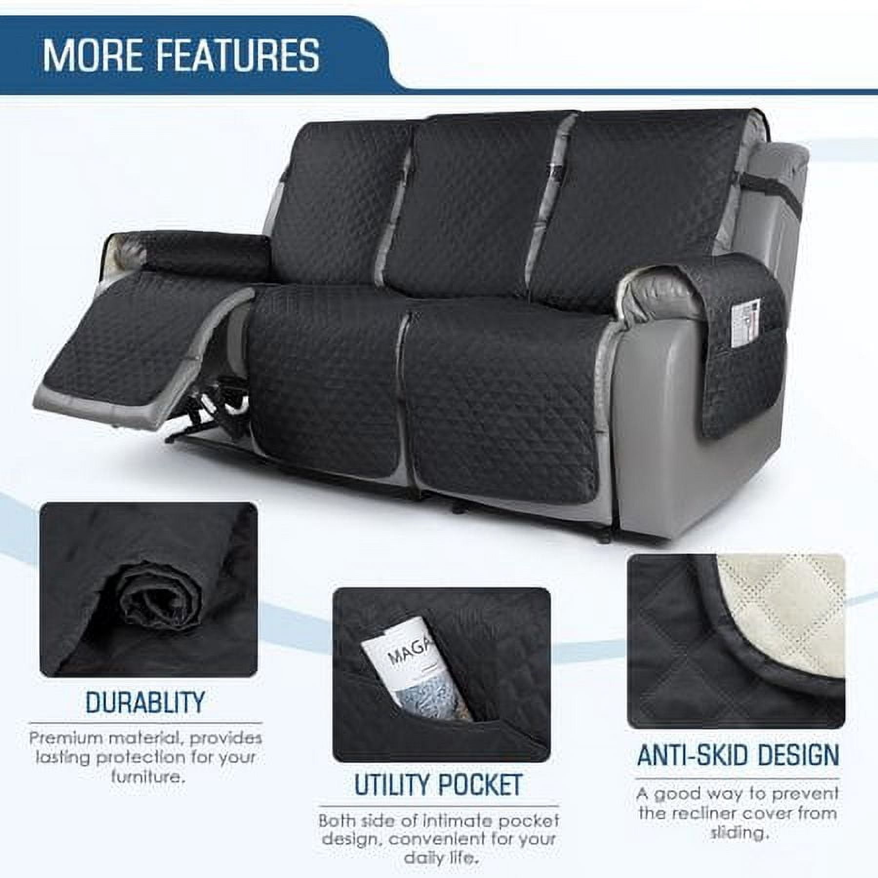 TAOCOCO Recliner Sofa Cover, Washable Couch Cover for 3 Seat Recliner Chair, Split Sofa Cover for Pet, Kids Black