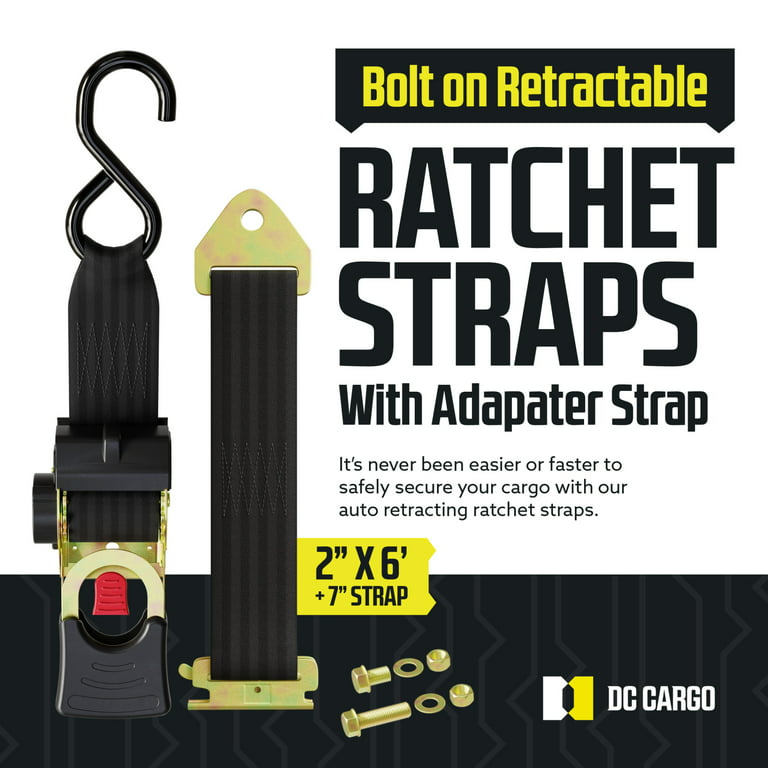 DC Cargo Auto Retract Ratchet Straps 2x6' Bolt-on or E-Track w/ S Hook,  2-pack 
