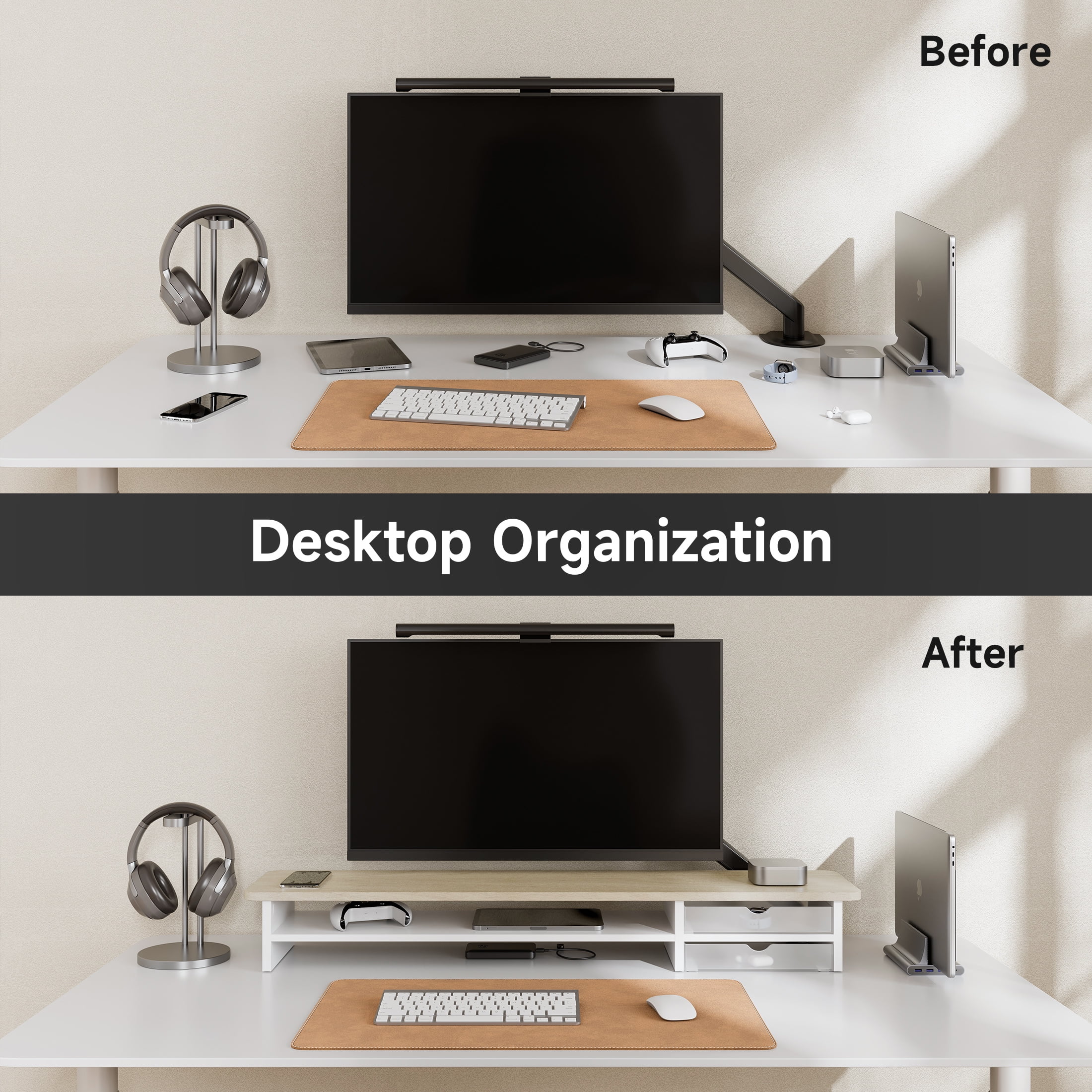Fenge 42.5 in Dual Monitor Riser with Drawer, 2 Tier Wood and Acrylic Desk Organizer