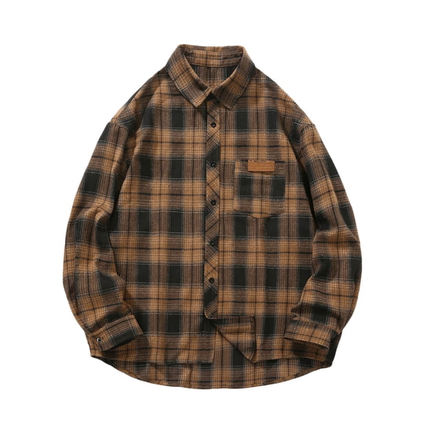 Blusa y camisa de manga larga con cuello vuelto para hombre, blusa informal a cuadros con botones y cuello vuelto, blusa de manga larga para hombre