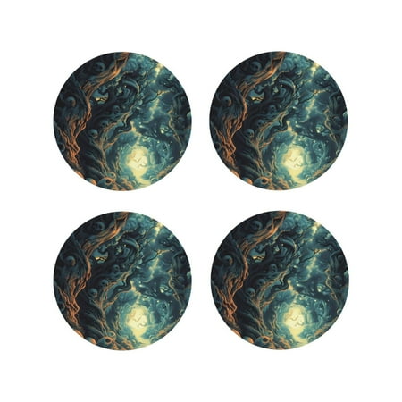 

Vsdgher Enchanted Forest Skull Path Leather Coasters for Drinks Durable Drink Coasters 4 Set for Tabletop Protection Luxurious Home Décor and Housewarming Gift-Round Shape