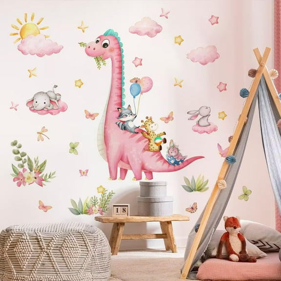 Dinosaur Wall Decals Room Dino Wall Stickers with Flowers Sun Easy Peel&Stick Kids Baby Nursery Bedroom Playroom Living Room Classroom Home Wall Decor