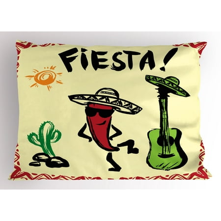 Festive Maraca - Fiesta Pillow Sham Festive Mexican Party with Maracas Dancing Red Pepper Wearing a Sombrero and Guitar, Decorative Standard Size Printed Pillowcase, 26 X 20 Inches, Multicolor, by Ambesonne