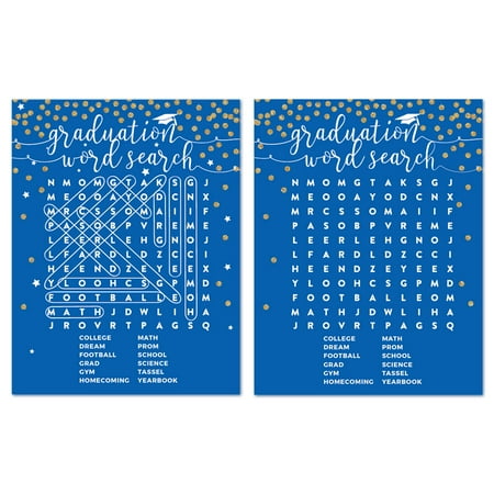 Royal Blue and Gold Glittering Graduation, Word Search Graduation Game Cards, 20-Pack