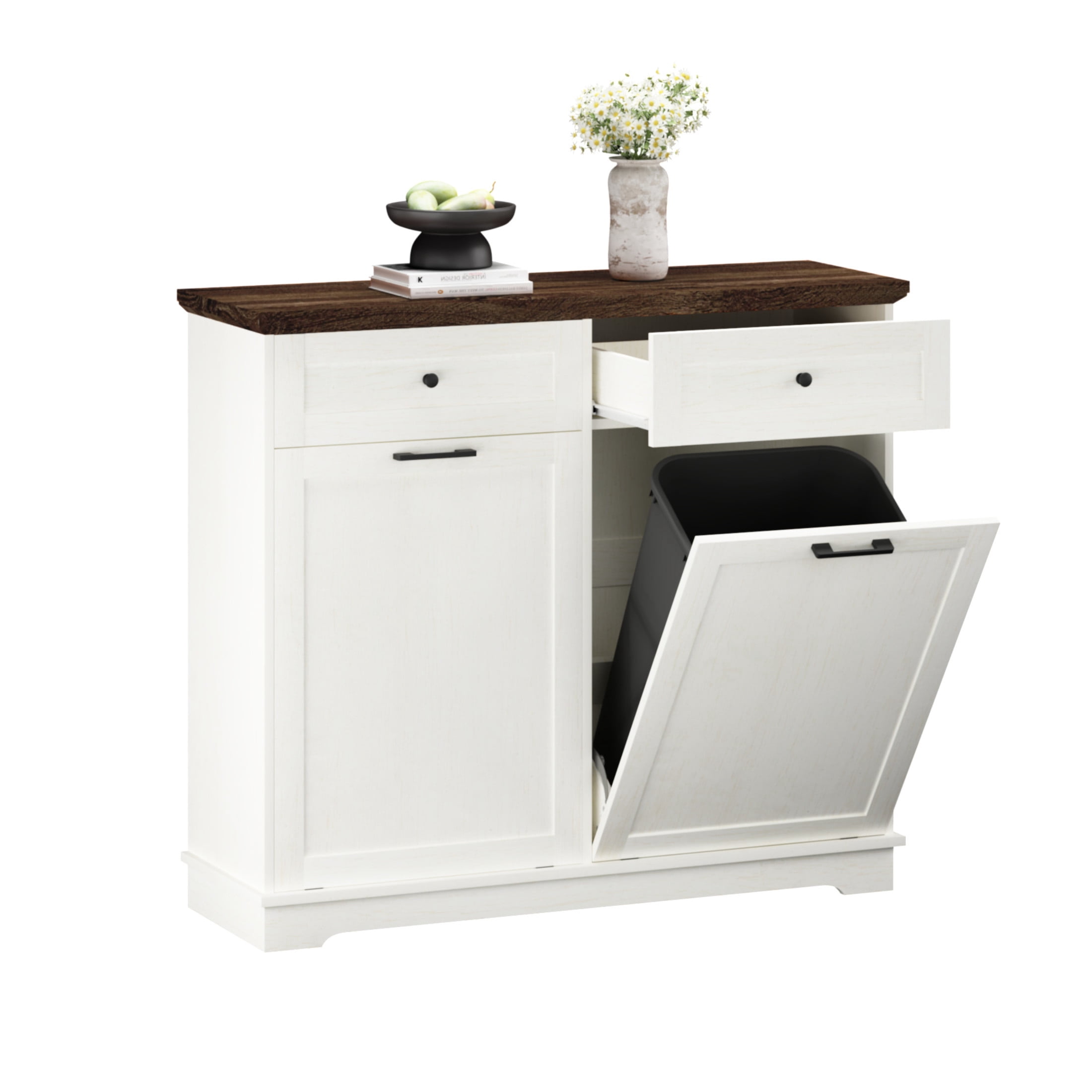 Noble House Double Tilt Out Trash Cabinet, 20 Gallon Freestanding Garbage Bin Holder with Drawer, Antique Brown & White