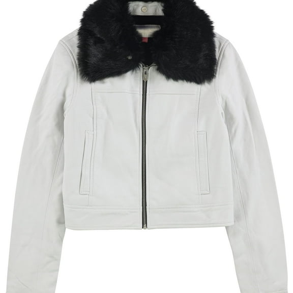 The Mighty Company Womens Lincoln Box Collar Leather Jacket, White, Medium