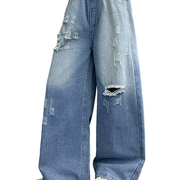Ruyang Baggy Ripped Jeans for Girls Vintage Wide Leg Denim Pants with Pockets Teen Kids Fall Streetwear Y2k Straight Trousers