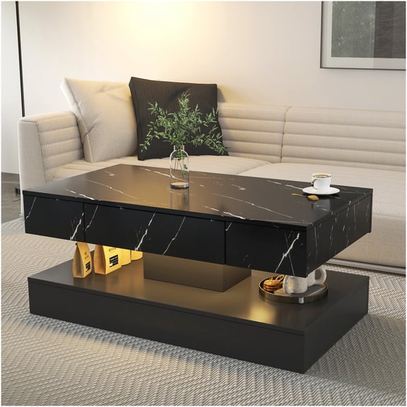 Modern LED Coffee Table with RGB Lighting and Storage Drawer, Black Glass End Table for Living Room, Bedroom, Office
