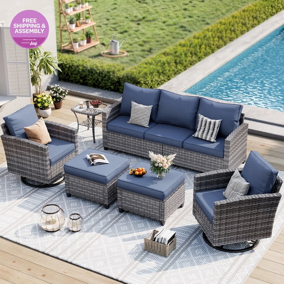 ELPOSUN Patio Furniture Set, 6 Pieces Outdoor Patio Set, All-Weather Wicker Rattan Outdoor Furniture Set with Swivel Chairs for Poolside, Backyard, Gray Wicker Navy Blue Cushions