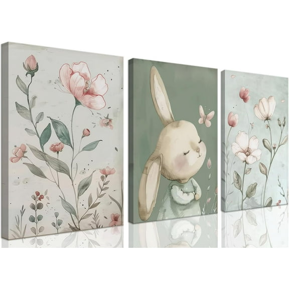 Nursery Bunny Canvas Wall Art Cute Rabbit Botanical Flowers Wall Decor Green Nursery Pictures Posters Girl Bedroom Prints for Girls Room Baby Room Paintings （Only canvas）