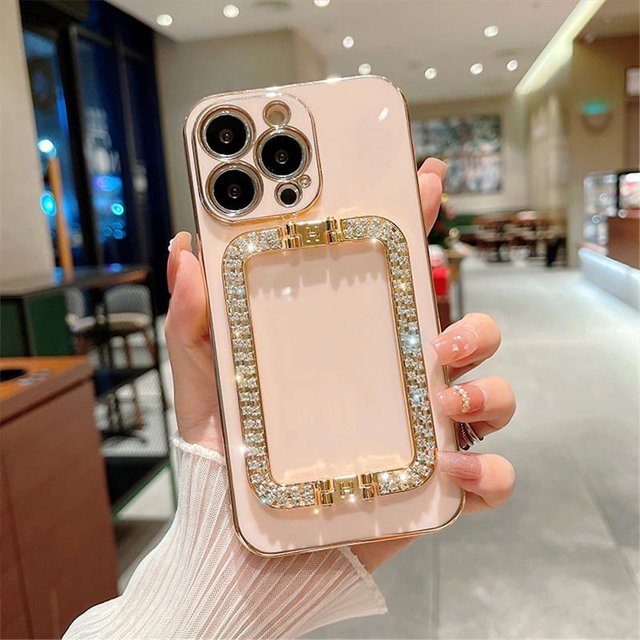 Metal Rhinestone Stand Electroplating Phone Case For IPhone 16 15 14 13 12 11 Pro Max XR 7 8 Plus SE2/SE3 Shockproof Back Cover Pink For iPhone 16 Pro