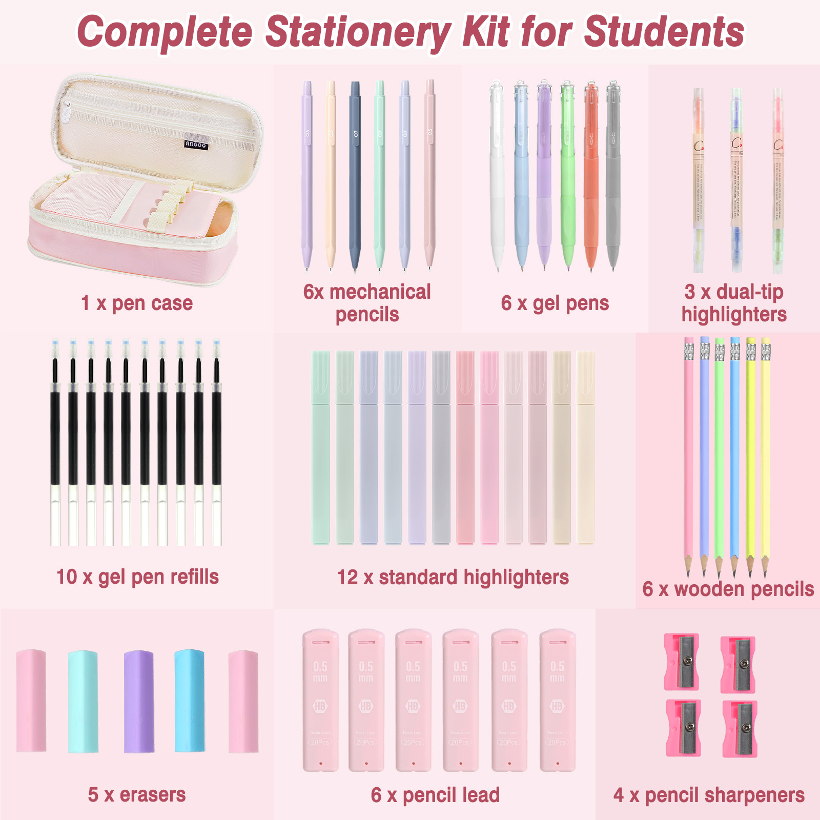 Set de útiles escolares aesthetic MoKo de 59 piezas con cartuchera, para adolescentes y universidad, rosa 2