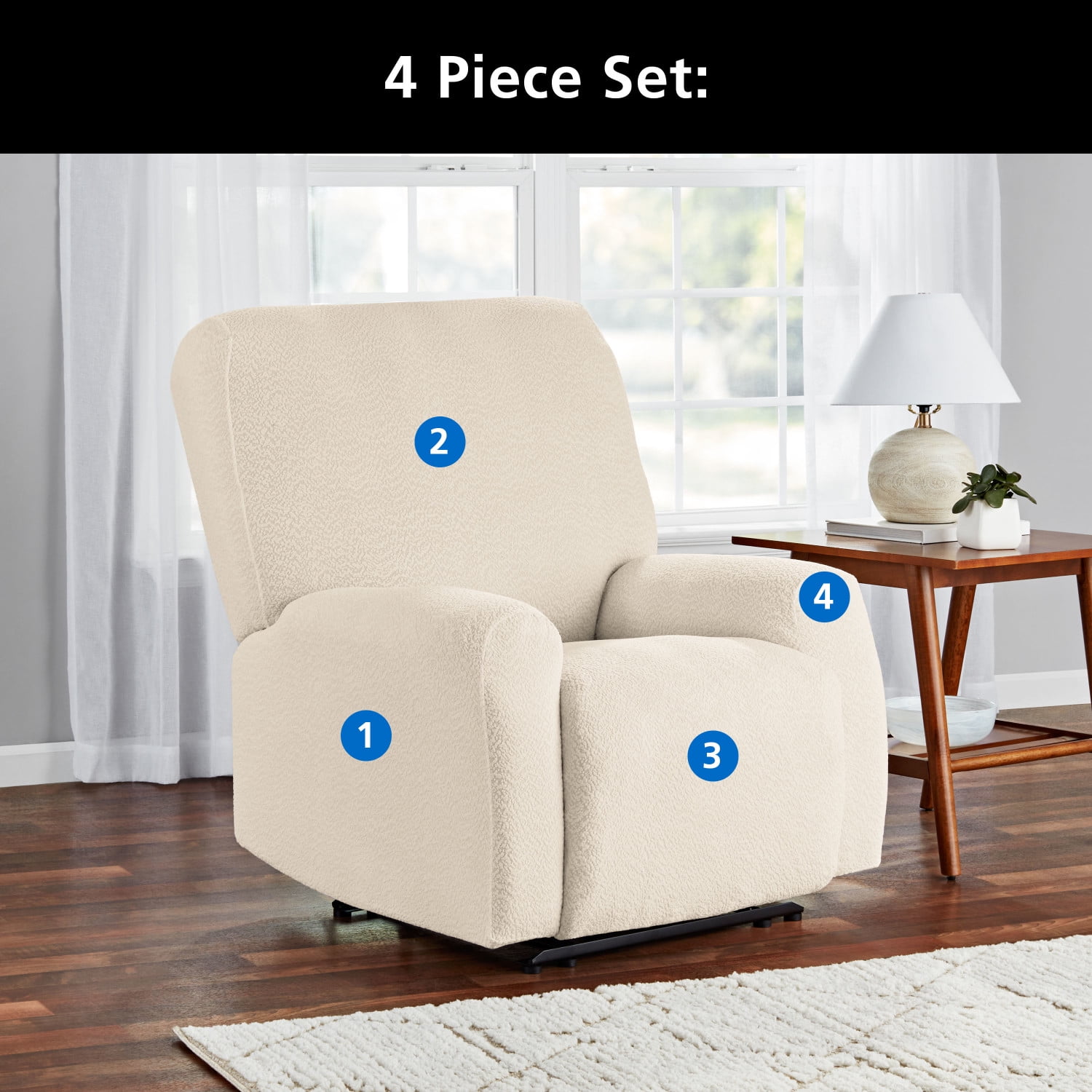 Mainstays Boucle Stretch-to-Fit Fabric Recliner Slipcover, 4-Piece, Beige