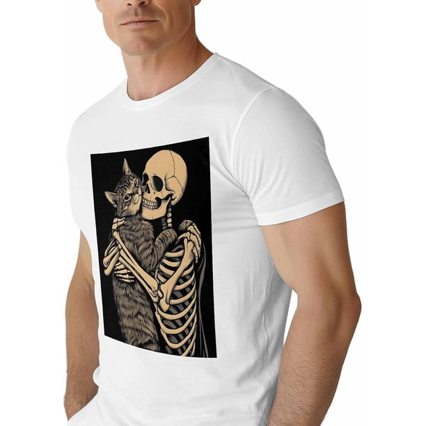 T-Shirts for Men, Skeleton Cat Hug Crew Neck Cotton T-Shirt Men's Short Sleeve Retro