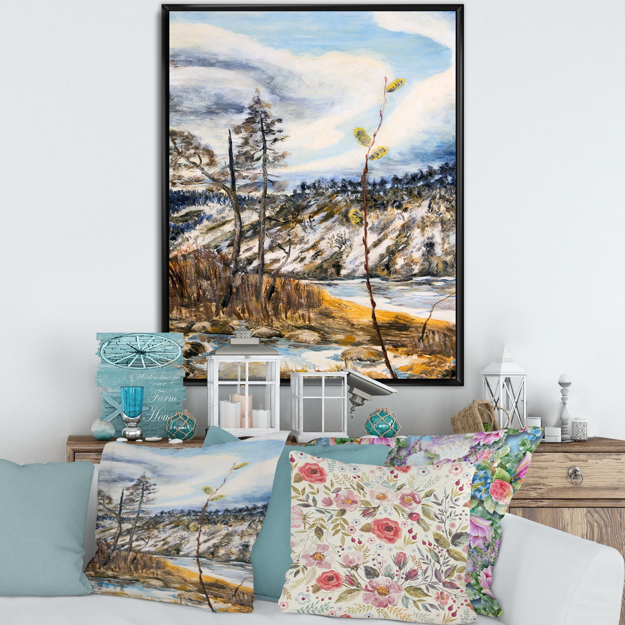 Designart 'The Cloudy Sky and The River With Spring Landscape' Lake House Framed Canvas Wall Art Print