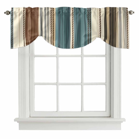 Teal Boho Stripes Tie Up Valance Curtains for Windows, Kitchen Curtains Window Treatments, Modern Bohemia Brown Beige Texture Short Window Shades Valances for Bedroom Bathroom Cafe 54"x18"