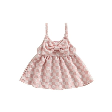 

Qtinghua Toddler Baby Girls Sling Dresses Front Bowknot Halter Checkerboard Summer Sundress Princess Casual Dress