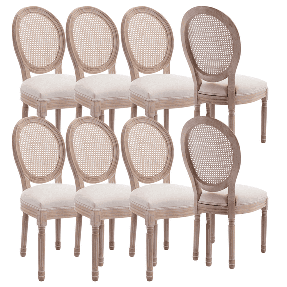 Farmhouse Upholstered Antique Painting Linen Accent Chairs, Retro Dining Chairs with Solid Wood Frame and Legs, Armless Kitchen Chairs with Round Back, Parson Chairs(Cream,Set of 8)