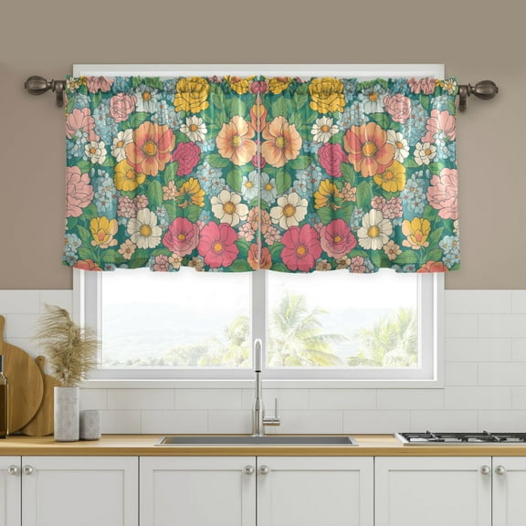 Yayeee Kitchen Curtains Set of 2 Light Filtering 57"x24" Over Sink Window Panels, Floral Pattern