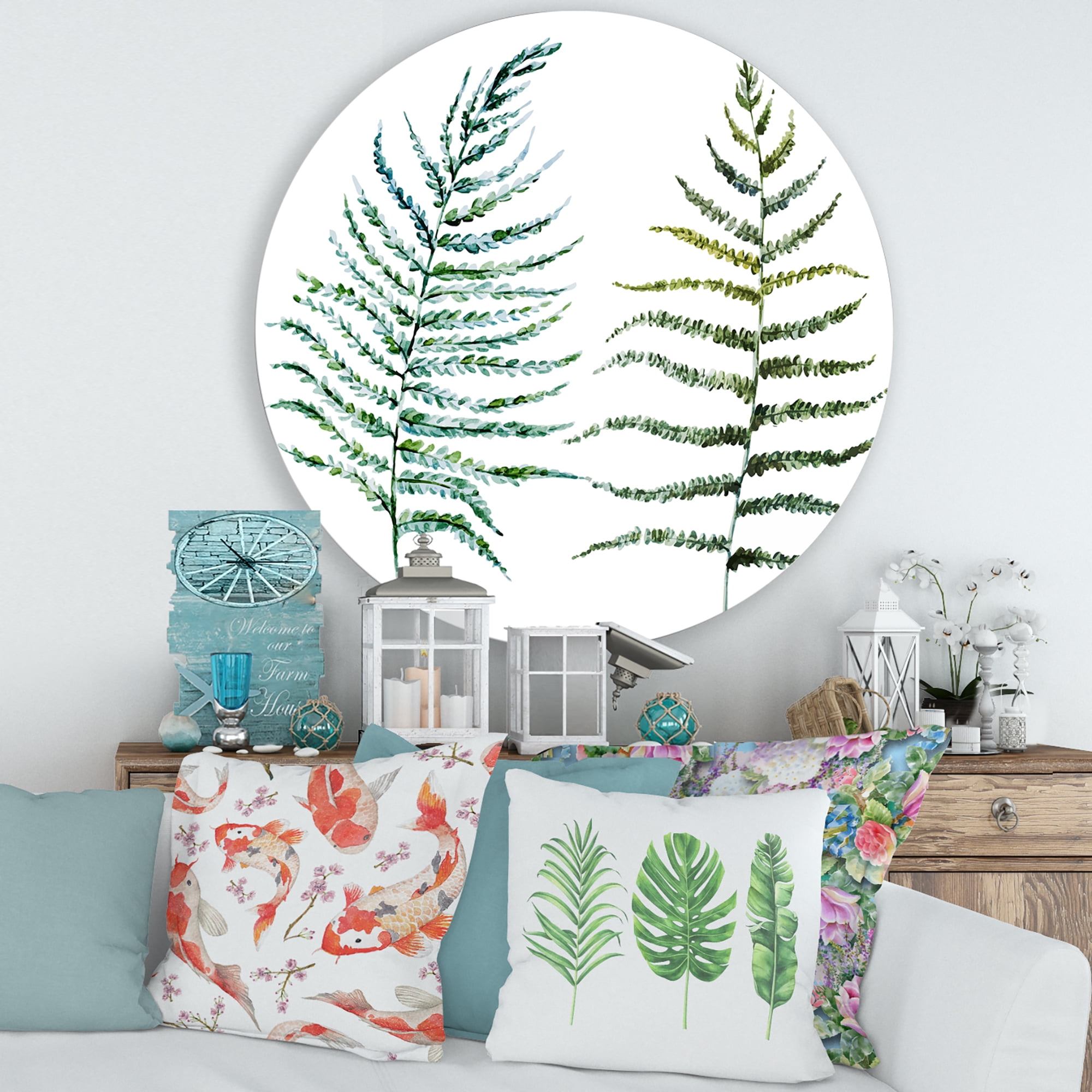 Designart 'Two Fern Leaves On White' Farmhouse Circle Metal Wall Art 36x36 - Disc of 36