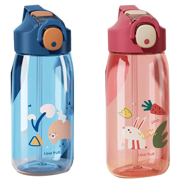 2 uds botella de agua de 550ml con pajita a prueba de fugas Compatible con niños, botella de plástico duradera sin bpa, azul