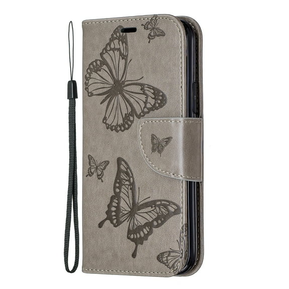 Allytech iPhone 11 Pro Case (5.8"), Slim Fit PU Leather Folio Butterfly Embossed Shockproof Wrist Hand Strap Flip Cards Holder Wallet Case TPU Back Cover for Apple iPhone 11 Pro 5.8-inch, Gray