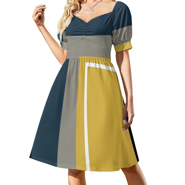 Patrón geométrico minimalista de medio marco 3 en amarillo mostaza azul marino blanco y gris Vestido de manga corta vestidos