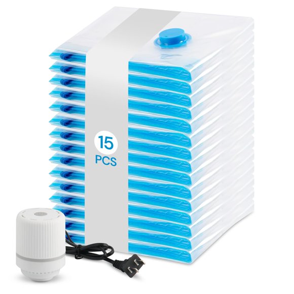 15 Piezas Bolsas de Almacenamiento al Vac&iacute;o con Bomba El&eacute;ctrica, Almacenamiento Reutilizable, Bolsas de Compresi&oacute;n para Ahorrar Espacio 80%, Almacenar Edredones ropa A