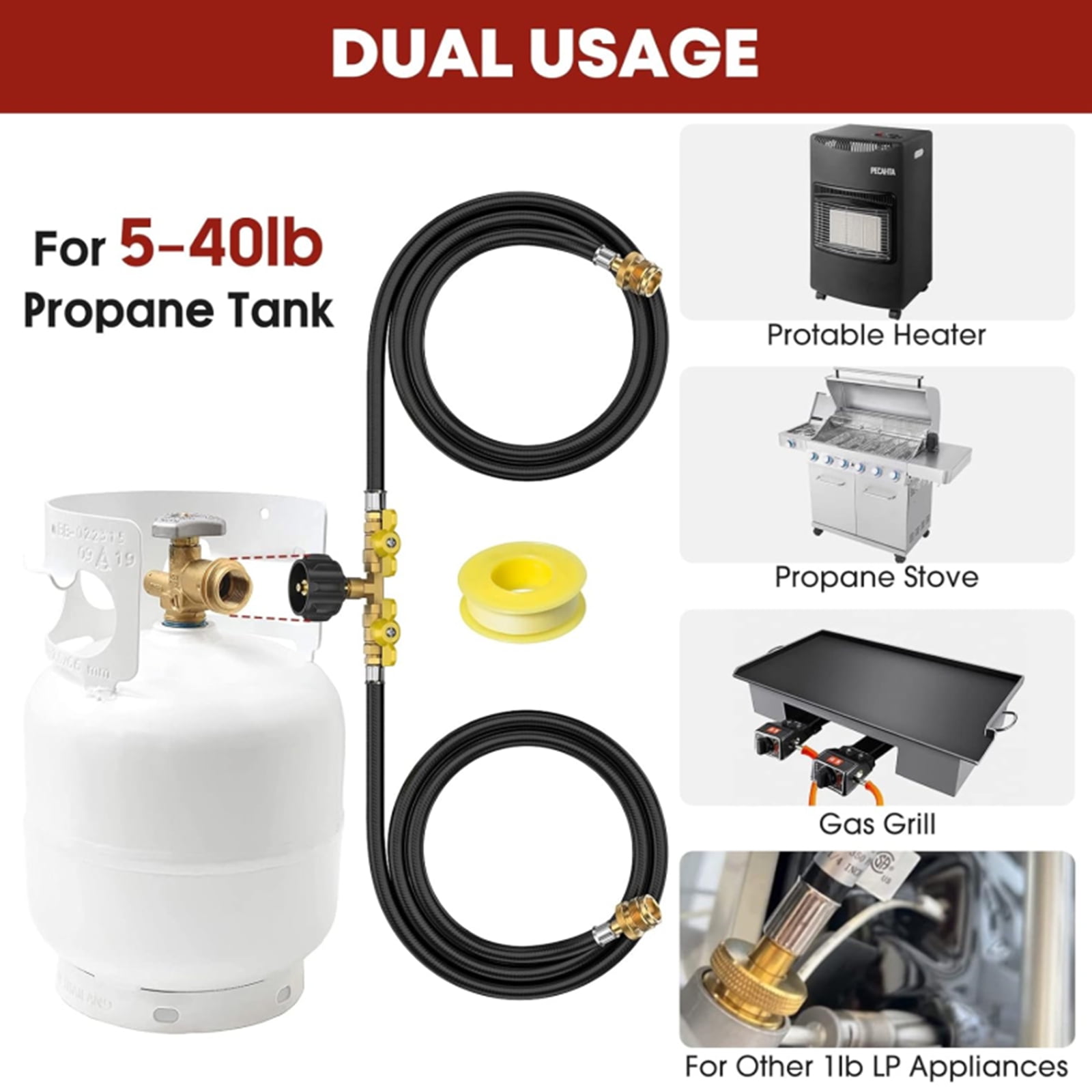 PatioGem 5ft Propane 2 Way Y Splitter Adapter Hose,1 lb to 20 lb Converter with Shut Off Valve, Propane Adapter 1lb Portable Appliance to QCC1/Type1 5-40lb Tank,350PSI for Heater,Camping Stove,Grill