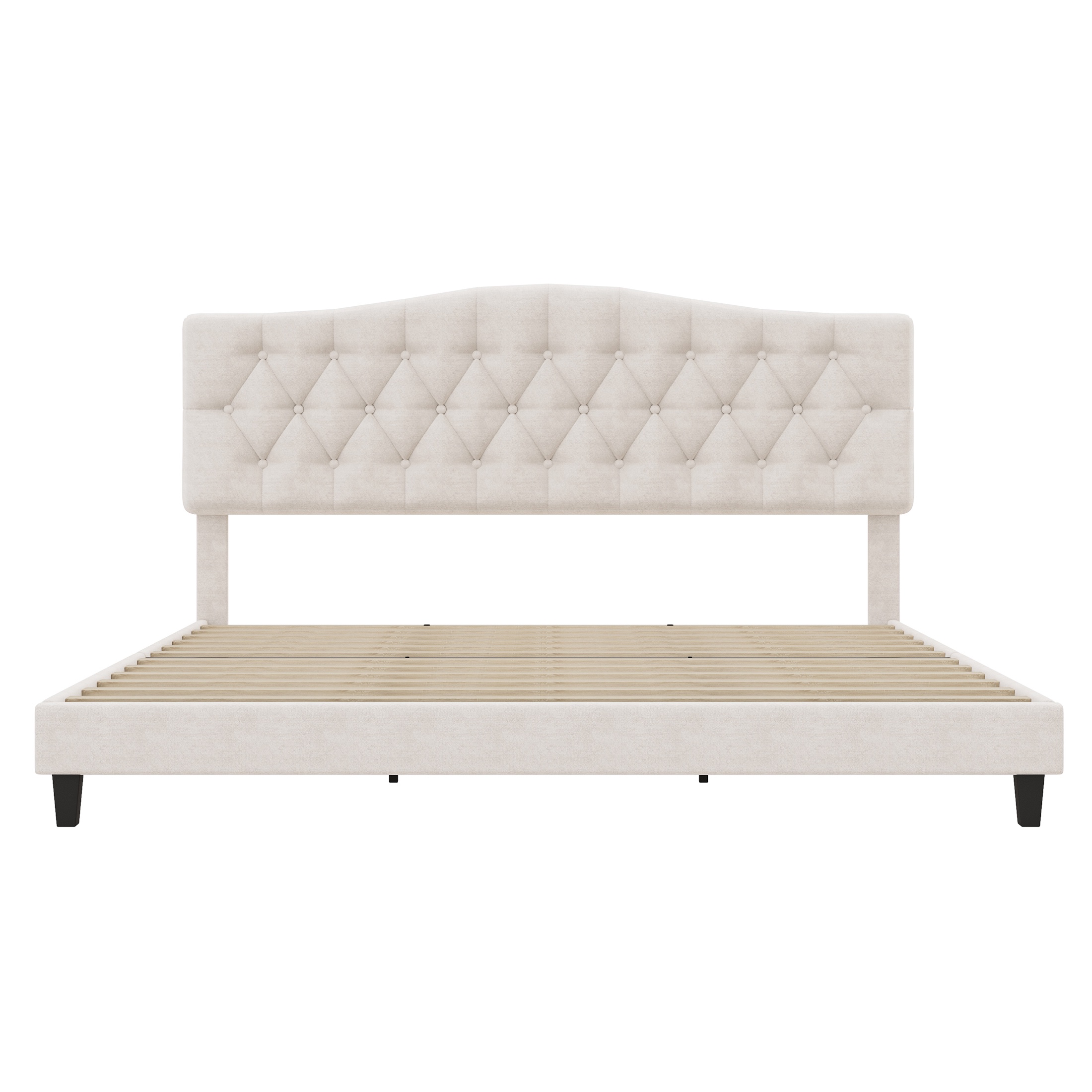 PORKISS King Size Linen Bed Frame with Upholstered Button Tufted Adjustable Headboard, Platform Bed with Wooden Slats Support, Holds 800lbs, Beige