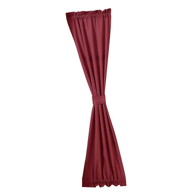 cortina de cocina puerta ventana perfecl duro vino 64x183cm panel voile rojo, vista frontal centrada de un panel recogido con bolsillo superior y correa incluida, tejido poliéster y algodón con caída lisa, apta para puerta o ventana de 64x183 cm. Su tamaño compacto la hace adecuada también para balcones o cafeterías.
