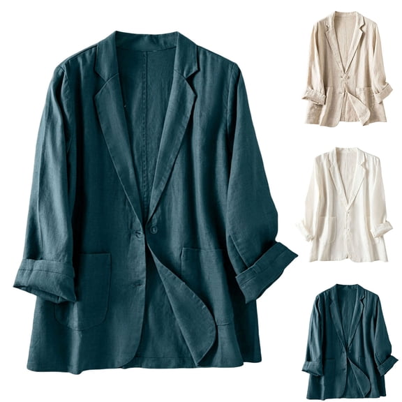 ITSAME Women's Linen Cotton Blazer Notched Lapel Button Open Front with Pockets Casual Fashion Suit Jacket Beige Size M