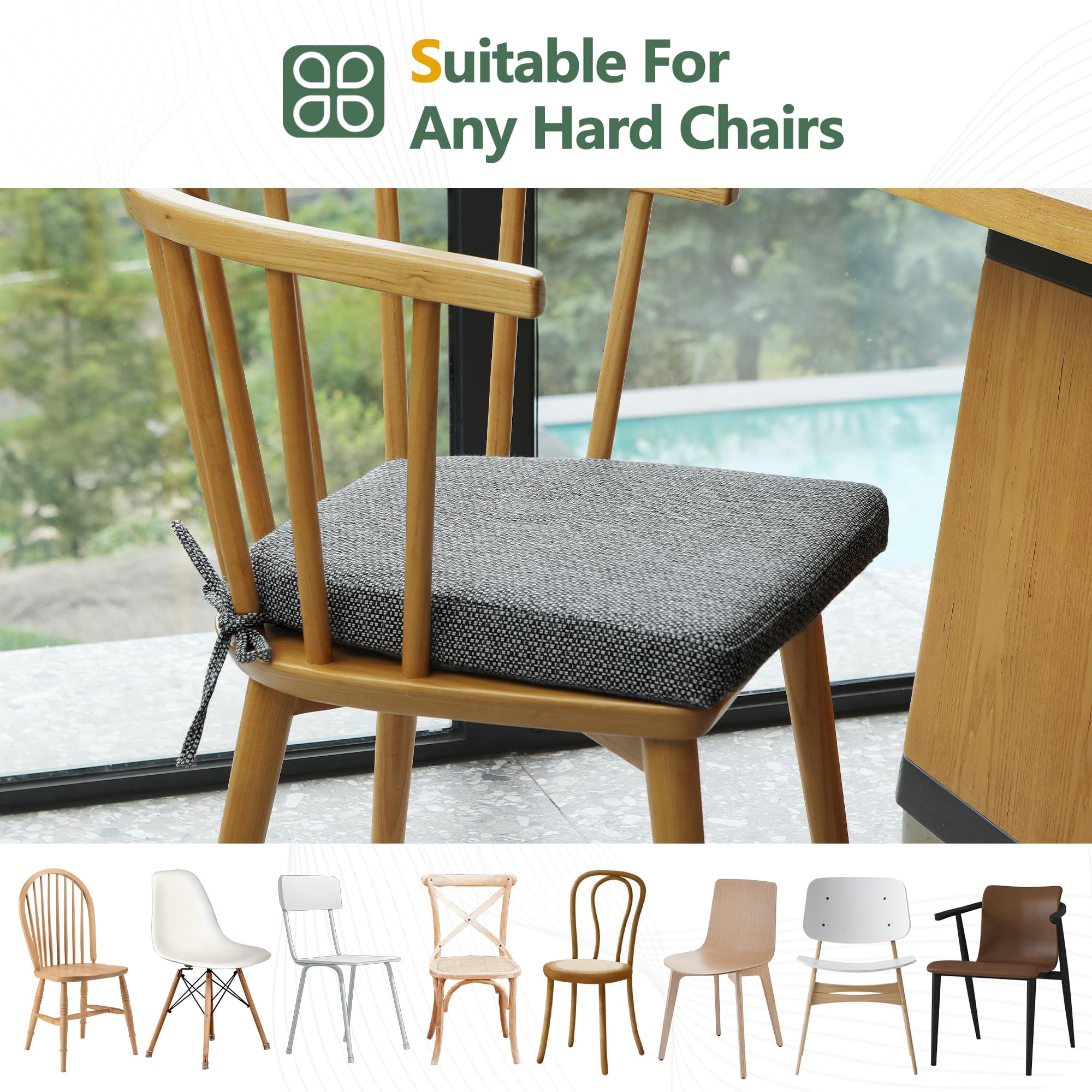 Chair Cushions for Dining Chairs Set of 2, D-Shaped 17" x 16" Memory Foam Seat Cushions, 2" Thick Olefin Kitchen Chair Pads with Ties & Non-Slip Backing, Dark Gray
