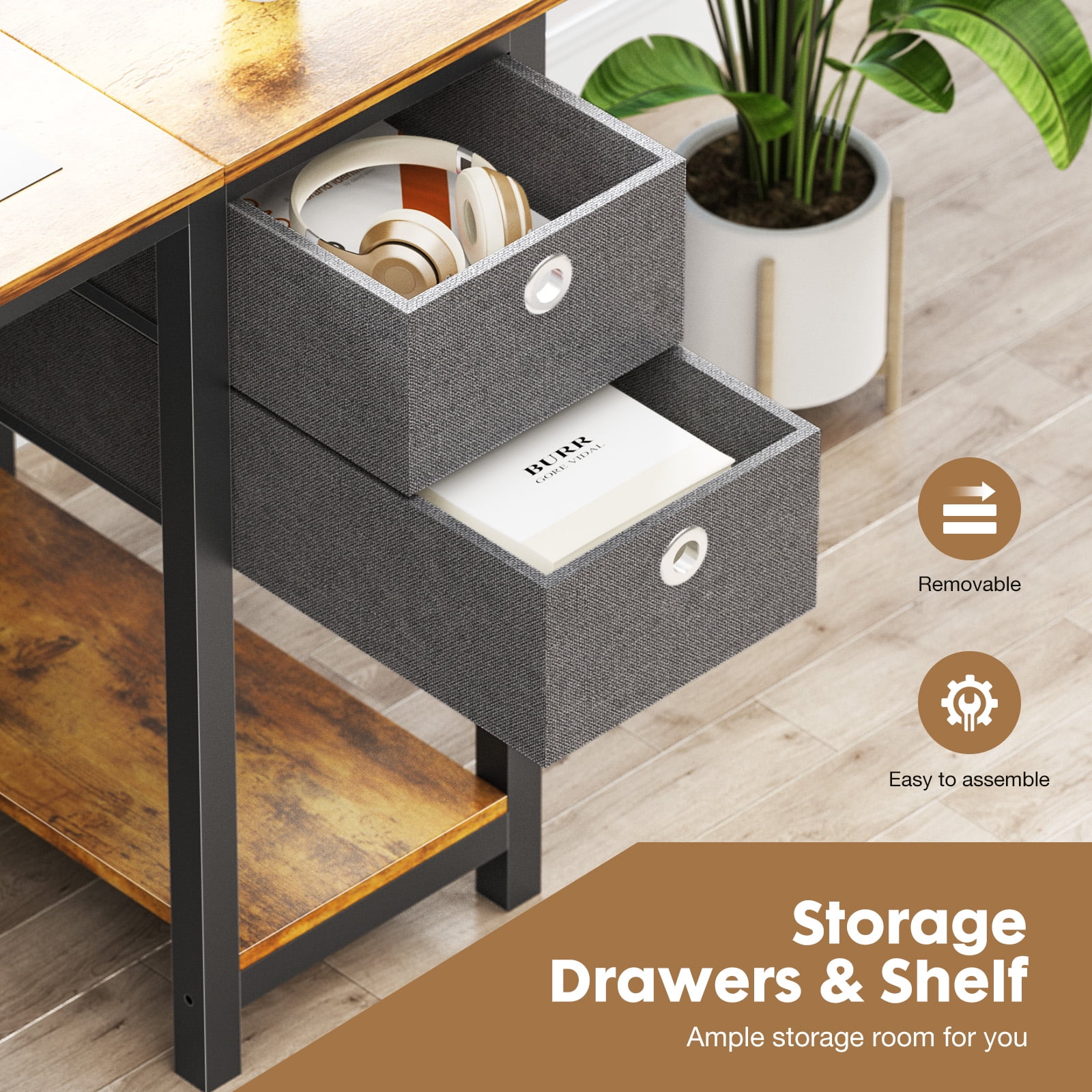 Gianna 40 inch Computer Desk with Storage Drawers, Modern Simple Style Laptop Desk, Rustic Brown
