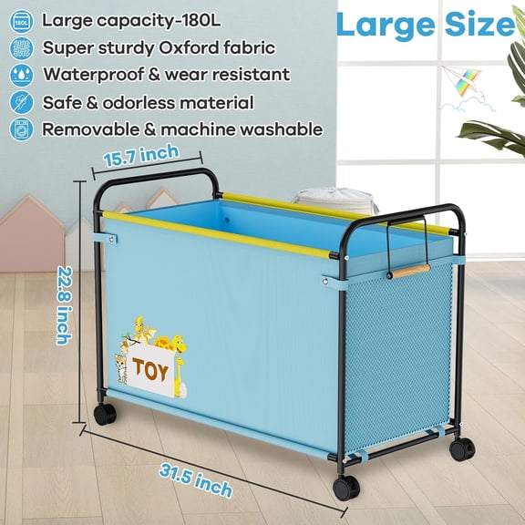 180L Kids Extra Large Toy Box with Wheels for Boys Girls, 31.5" x 15.7" x 23.2" Big Toy Chest with Handle, Toy Storage Organizer for Living Room Area, Stuffed Animals, Clothes(Blue, 1PC)