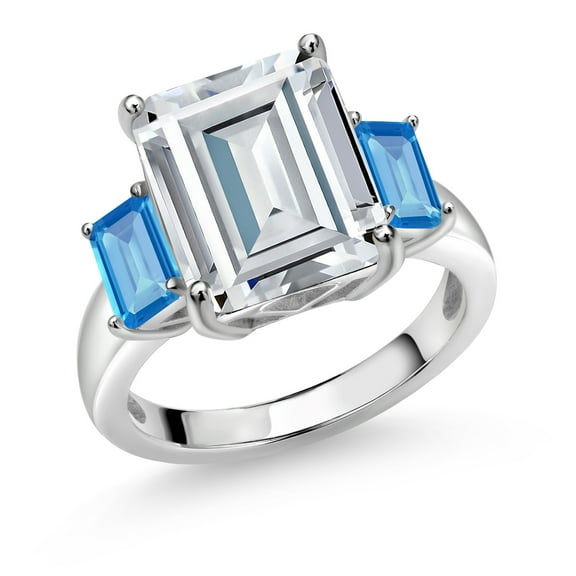 Gem Stone King 925 Sterling Silver Swiss Blue Topaz Ring Set with Moissanite (8.78 Cttw) (Size 7)